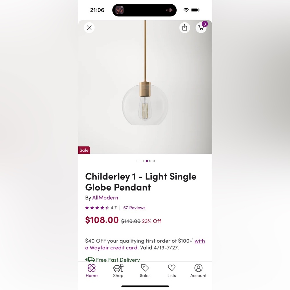 Light single gold pendant selling two of them brand new never opened the box